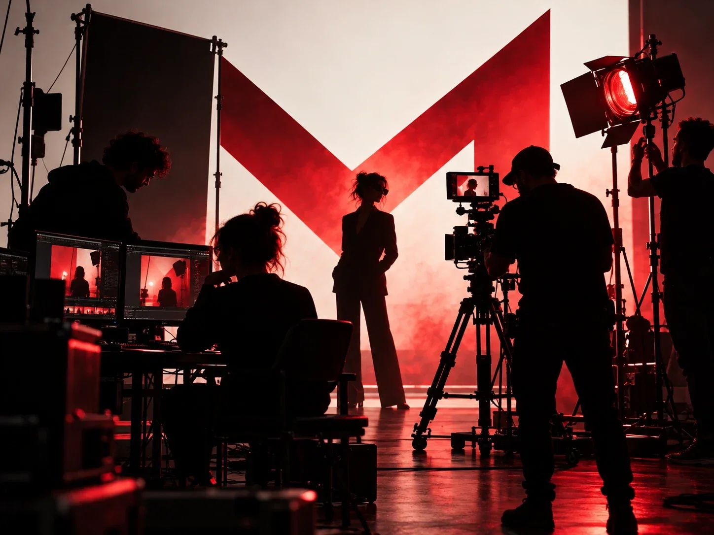 Studio me M të kuqe, monitorë dhe ekip